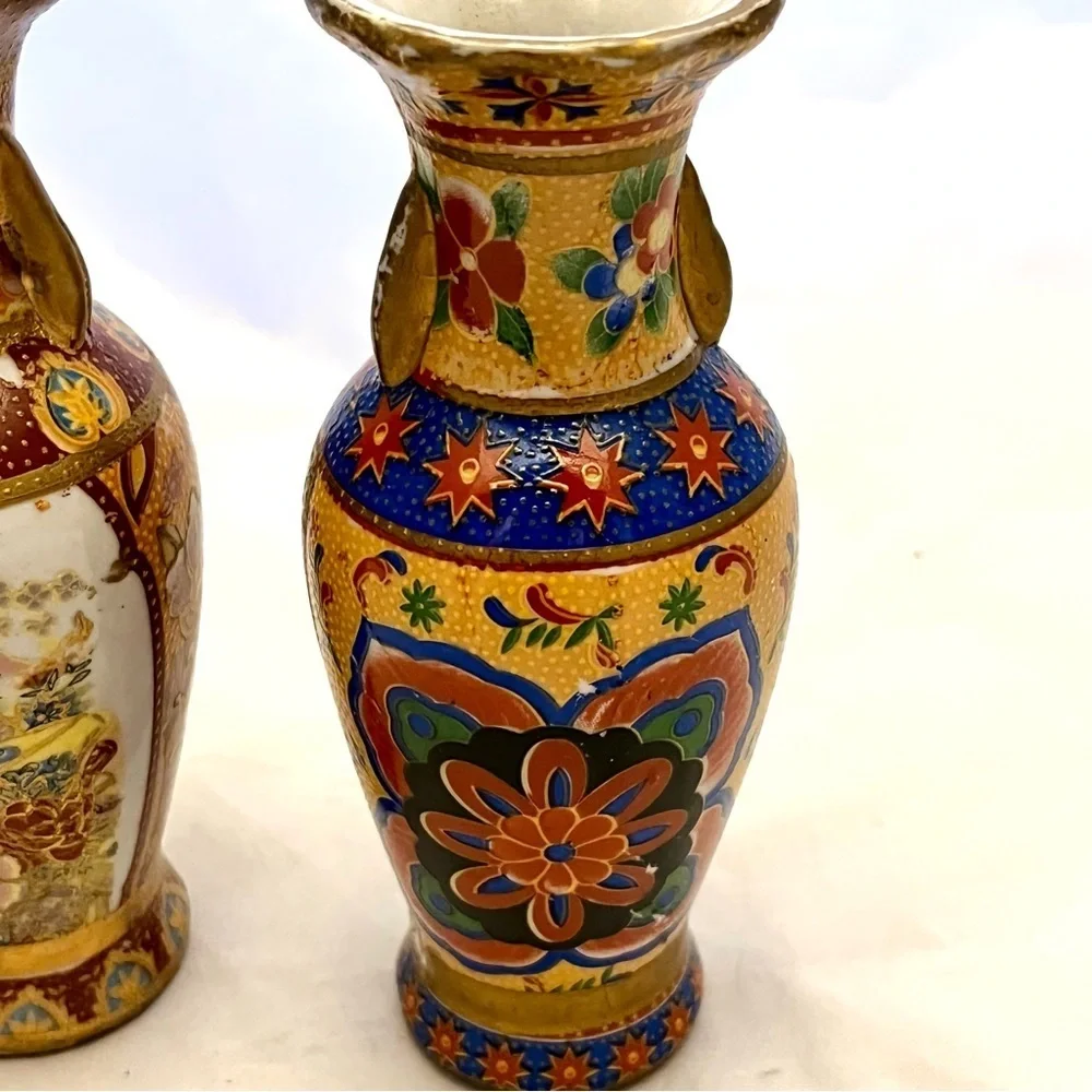 Japanese Satsuma Style Vases, Small Set of 2, Made in China, Vintage VGUC